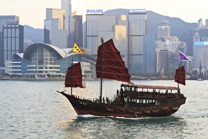 Junk Boat Prints: Chinese junk boat sails on Victoria Harbour, Hong Kong, China, Asia