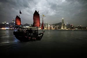 Hong Kong Prints: Chinese junk in Hong Kong harbour, Hong Kong, China, Asia