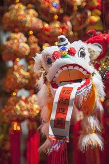 Kowloon Prints: Chinese lion decoration at Fa Yuen Street Market, Mongkok, Kowloon, Hong Kong, China, Asia