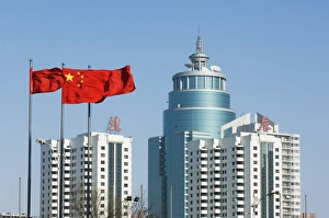 Images Dated 23rd January 2008: Chinese national flags in the Central Business District business district, Beijing, China, Asia
