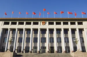 Flag Pole Prints: Chinese national flags on a government building Tiananmen Square Beijing China