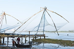 Fishing Net Prints: Chinese nets at dawn, Fort Kochi (Cochin), Kerala, India, South Asia