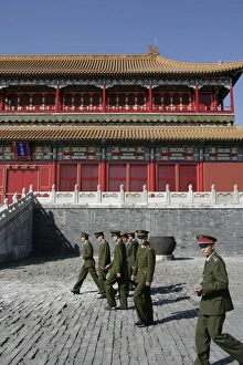 Army Prints: Chinese soldiers visiting the Forbidden City, Beijing, China, Asia