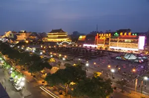 Xian Prints: Chinese style buildings illuminated in Bell Tower Square, Xian City, Shaanxi Province