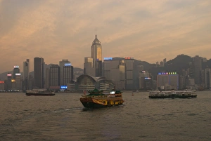 A Chinese style tourist boat sails in Victoria Harbour, Hong Kong, China, Asia A Chinese style tourist boat sails in Victoria Harbour, Hong Kong, China, Asia
