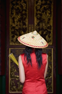 Man Mo Temple Prints: Chinese woman at the Man Mo Temple, Hong Kong, China, Asia