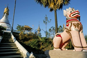 Folk Lore Prints: Chinthe guards hilltop pagoda, Mawlamyine, Myanmar (Burma), Asia
