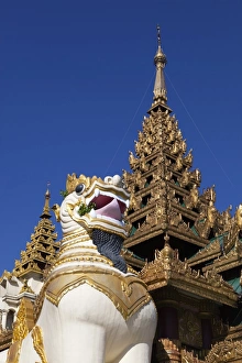 6th Century Prints: Chinthe statue at southern entrance to the Shwedagon pagoda