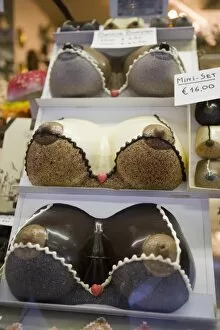 Chocolate breasts in shop window, Bruges, Belgium, Europe
