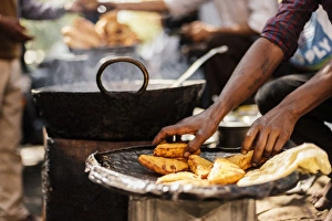 Typically Asian Prints: Chole Bhature Stall, Sector 7, Chandigarh, Punjab and Haryana Provinces, India, Asia