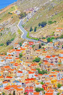 Settlement Prints: Chorio (upper town), high angle view, Chorio, Symi Island, Dodecanese Islands, Greece