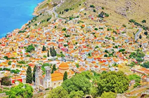 Dodecanese Prints: Chorio (upper town), high angle view, Chorio, Symi Island, Dodecanese Islands, Greece