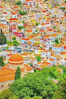 Aegean Prints: Chorio (upper town), high angle view, Chorio, Symi Island, Dodecanese Islands, Greece