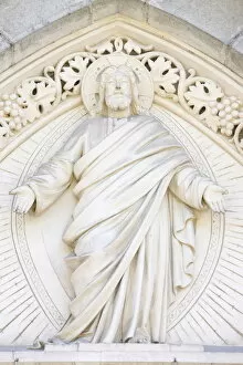 Christ sculpture on church tympanum, Le Moutaret, Isere, France, Europe