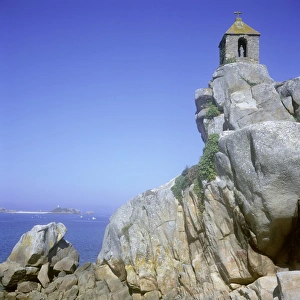 Cotes Darmor Prints: Christian chapel, Notre Dame de Port Blanc, on rocks on coast, Cote de Granit Rose