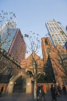 A Christian church among modern skyscrapers on Renmin Square, Puxi area