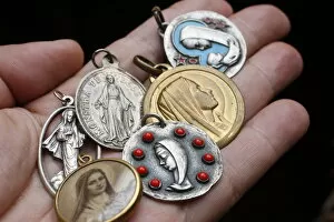 Christian medals, Saint Gervais, Haute Savoie, France, Europe