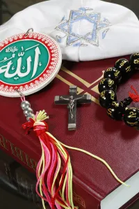 Interfaith Prints: Christianity, Buddhism, Islam and Judaism, interfaith symbols of Bible, crucifix, Kippah