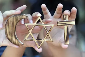 Close Up View Prints: Christianity, Islam, Judaism, the three monotheistic religions with symbols of Jewish