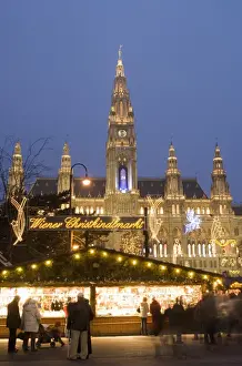 Vienna Prints: Christkindlmarkt (Christmas Market) and Rathaus (Town Hall) at Rathausplatz at twilight