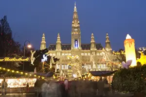 Christkindlmarkt (Christmas Market) and Rathaus (Town Hall) at Rathausplatz at twilight