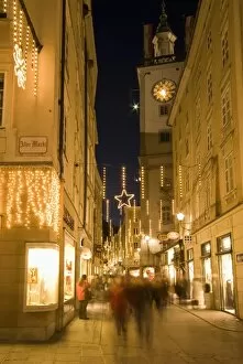 Christmas decorations at Getreidgasse during twilight, Salzburg, Austria, Europe