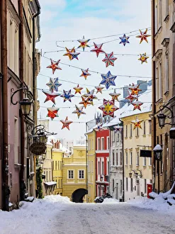 Christmas Decoration Prints: Christmas decorations at Grodzka Street, Old Town, winter, Lublin, Lublin Voivodeship