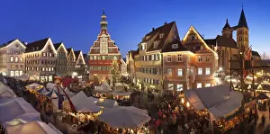 Esslingen Prints: Christmas fair at the marketplace with old town hall and Sankt Dionys church