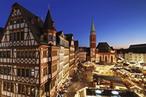 Hesse Prints: Christmas fair at Roemer, Roemerberg square, Nikolaikirche church, Frankfurt, Hesse