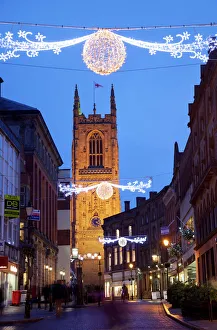 Street Light Prints: Christmas lights and Cathedral at dusk, Derby, Derbyshire, England, United Kingdom
