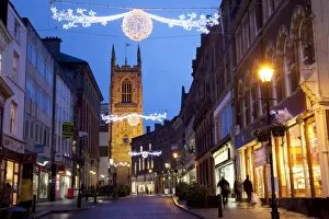 Images Dated 16th December 2011: Christmas lights and Cathedral at dusk, Derby, Derbyshire, England, United Kingdom