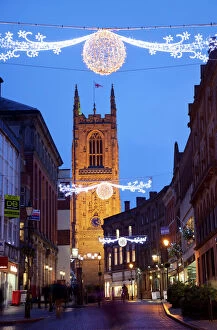 Night Time Gallery: Christmas lights and Cathedral at dusk, Derby, Derbyshire, England, United Kingdom