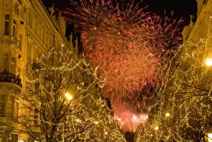 Fire Works Prints: Christmas lights on trees and 19th century houses along Parizska Street