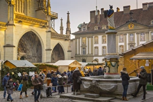 Bern Prints: Christmas Market and Cathedral in Munsterplatz, Bern, Jungfrau region, Bernese Oberland