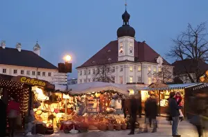 Christmas Time Prints: Christmas Market (Christkindlmarkt) stalls and Town Hall, Kapellplatz, at twilight