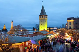 Stall Prints: Christmas Market along Lindaus Historic Port, Lindau im Bodensee, Germany, Europe