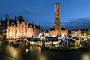 Night Time Gallery: Christmas Market in the Market Square with Belfry behind, Bruges, West Vlaanderen (Flanders)