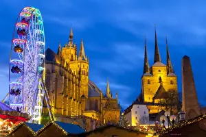 Commercialism Prints: Christmas Market with Saint Marien Cathedral and Severi Church in the background