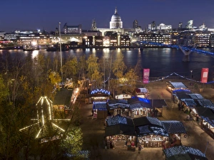 Domed Prints: Christmas market with St. Pauls and Millennium Bridge, with City skyline dusk, London