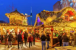 Friends Prints: Christmas market stalls in Vorplatz Berliner Schloss at Christmas and Berlin TV Tower in background