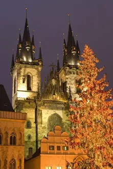 Old Town Square Prints: Christmas tree decoration and towers of Tyn Cathedral at Staromestske (Old Town Square)