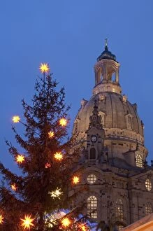 Images Dated 11th December 2009: Christmas tree and Frauen Church at Christmas Market at twilight, Neumarkt