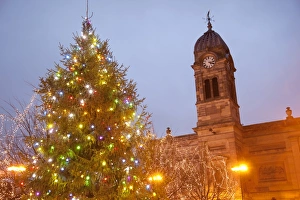 Derby Prints: Christmas tree and Guild Hall at dusk, Derby, Derbyshire, England, United Kingdom, Europe