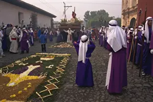 Good Friday Prints: Christs Calvary in Good Friday procession over street carpet, Antigua