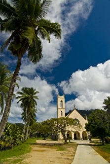 Mahe Prints: Chruch in tropical surroundings, Beau Vallon, Mahe, Seychelles, Africa