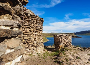 Peruvian Culture Prints: Chullpas by the Lake Umayo in Sillustani, Puno Region, Peru, South America