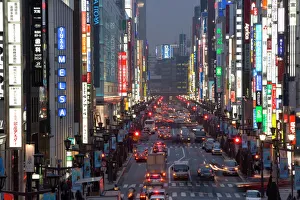 Chuo-dori, elevated view at dusk along Tokyos most