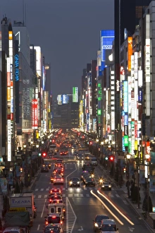 Chuo-dori, elevated view at dusk along Tokyos most