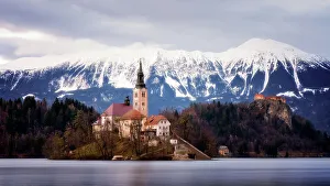 Julian Alps Prints: Church of the Assumption and Bled Castle, Lake Bled, Slovenia, Europe