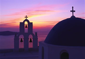 Greek Orthodoxy Prints: Church and Bell Tower at Sunset, Santorini, Cyclades, Greece